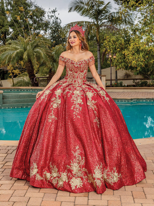 DQ25-1642 GLITTERING FULL-SLEEVE BALL GOWN WITH SEQUINED FLORAL OVERLAY