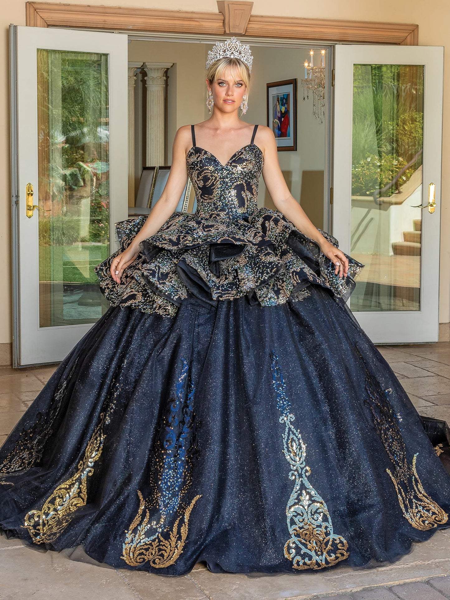 DQ25-1656 EMBELLISHED LACE OVERLAY BALL GOWN WITH CORSET BACK
