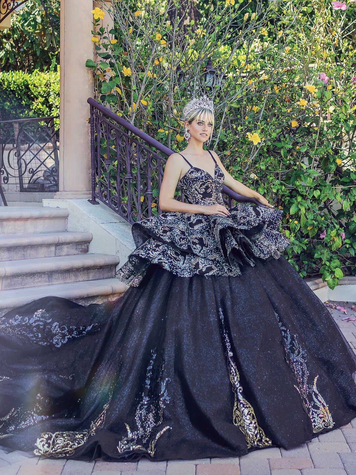 DQ25-1656 EMBELLISHED LACE OVERLAY BALL GOWN WITH CORSET BACK