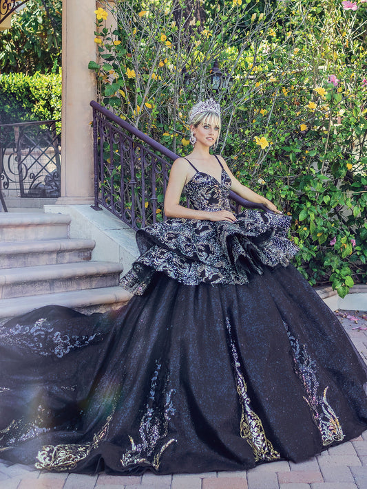 DQ25-1656 EMBELLISHED LACE OVERLAY BALL GOWN WITH CORSET BACK
