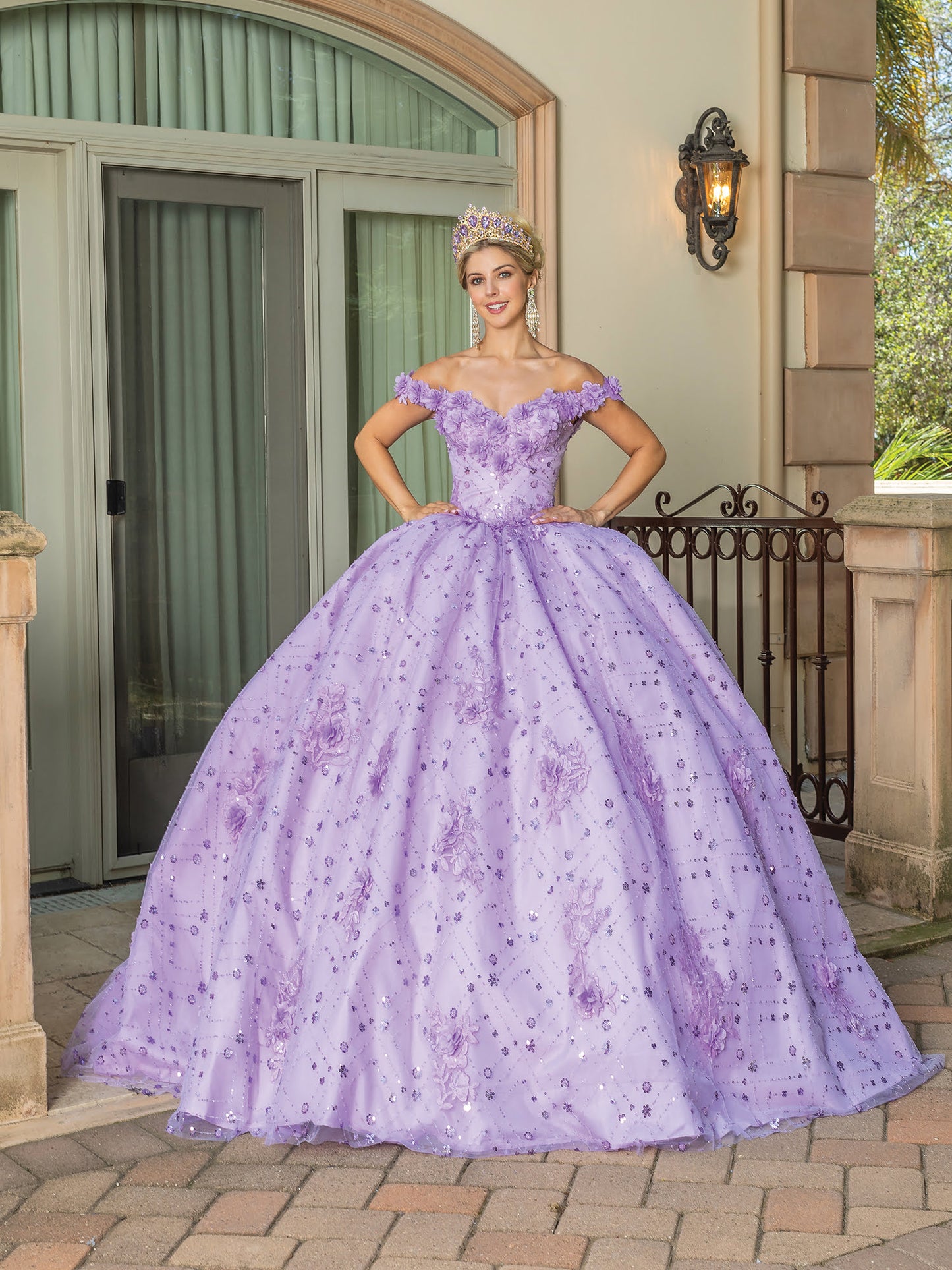 DQ25-1660 OFF-THE-SHOULDER BALLGOWN WITH FLORAL EMBROIDERY AND BEADED ACCENTS