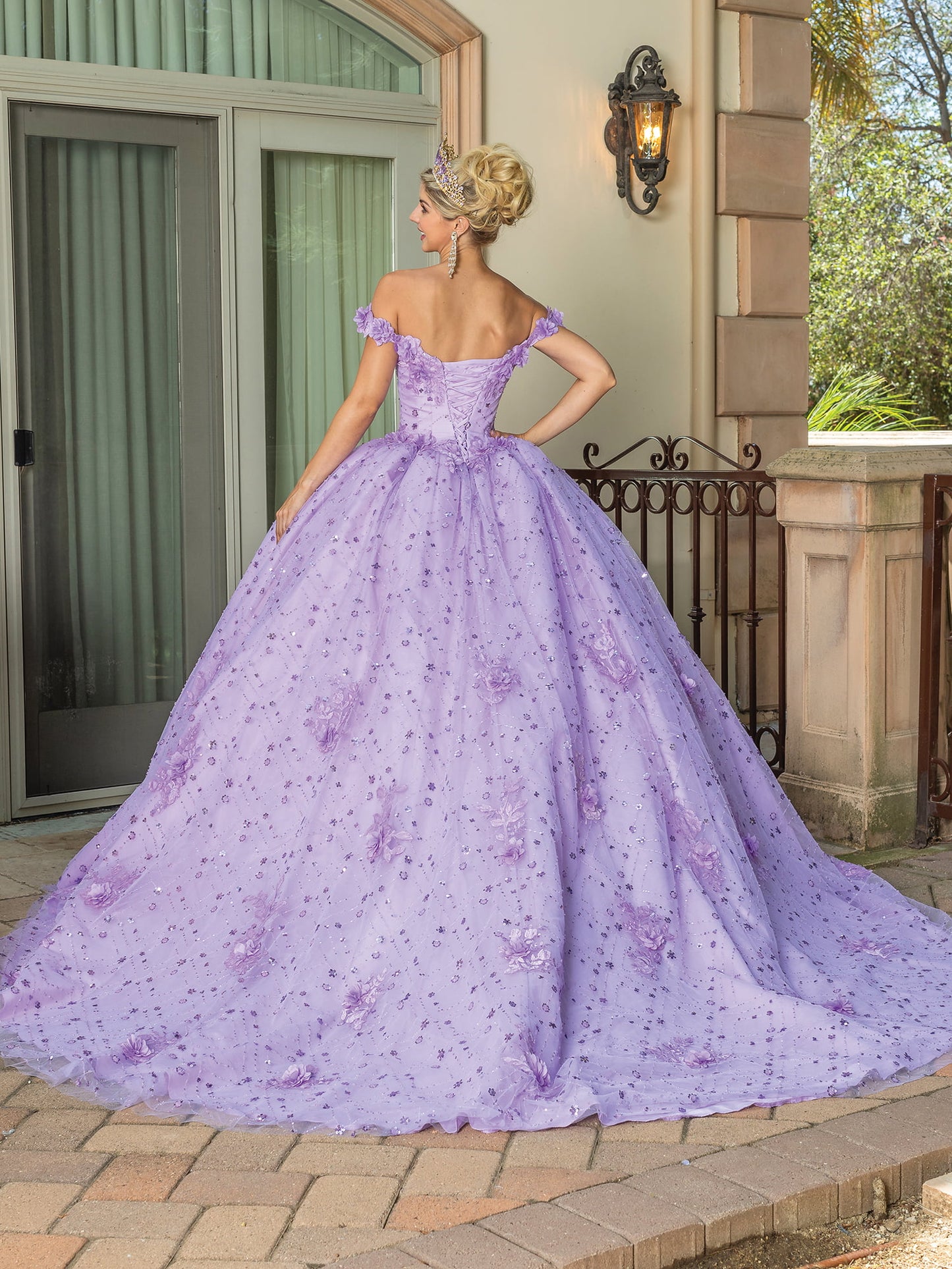 DQ25-1660 OFF-THE-SHOULDER BALLGOWN WITH FLORAL EMBROIDERY AND BEADED ACCENTS
