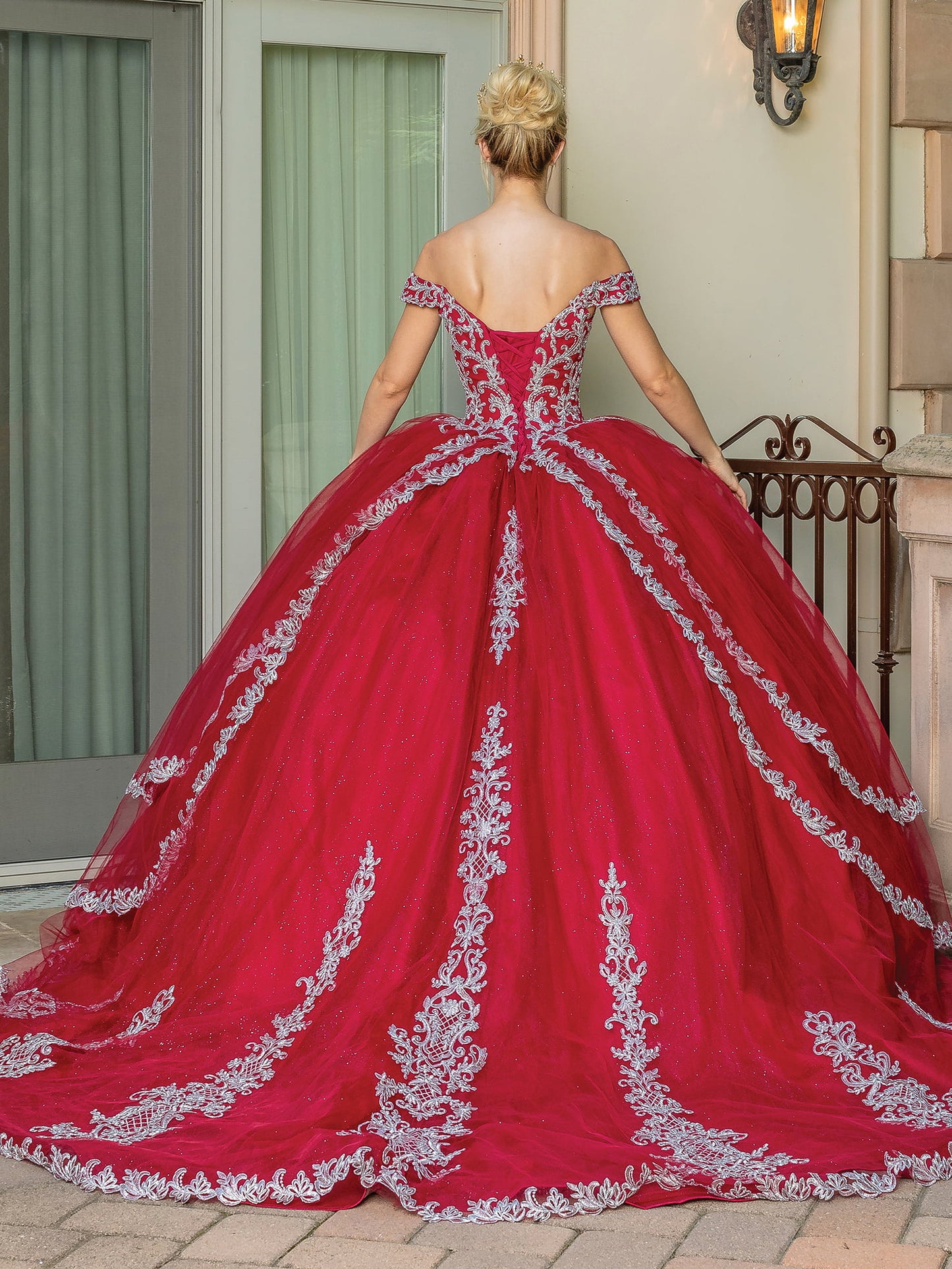 DQ25-1662 OFF-THE-SHOULDER BALLGOWN WITH BEADED LACE EMBELLISHMENTS