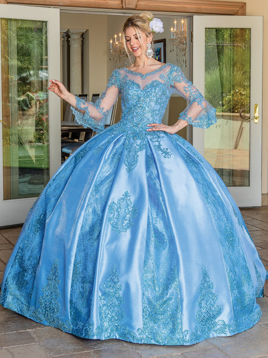 DQ25-1665 OFF-THE-SHOULDER SATIN BALL GOWN WITH GLITTER TULLE OVERLAY