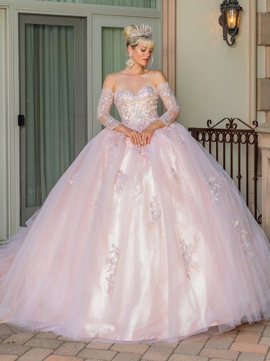 DQ25-1674 Off-the-Shoulder Ball Gown with Beaded Lace Bodice