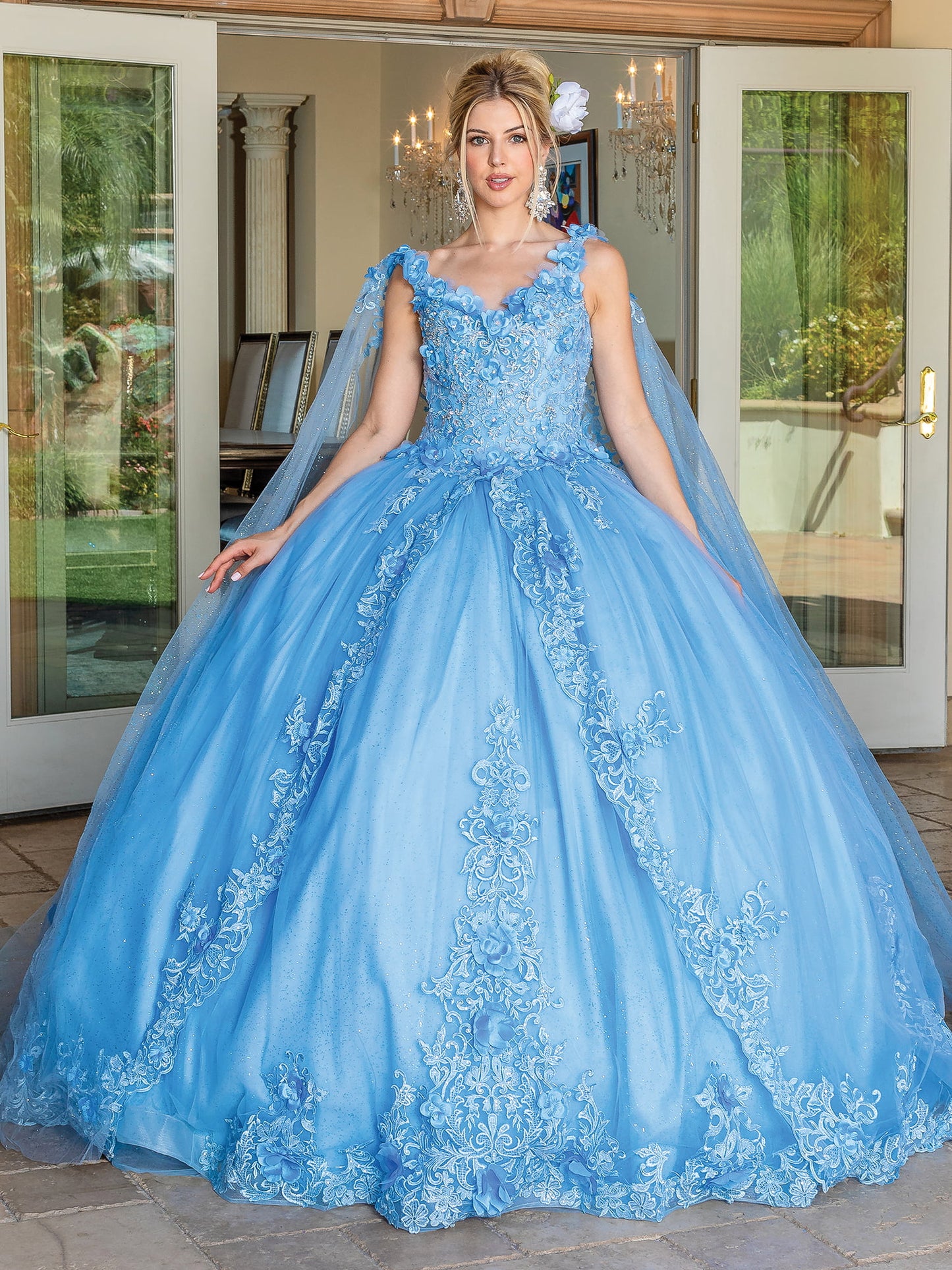 DQ25-1678 SLEEVELESS BEADED BODICE BALLGOWN WITH EMBROIDERED LACE APPLIQUES