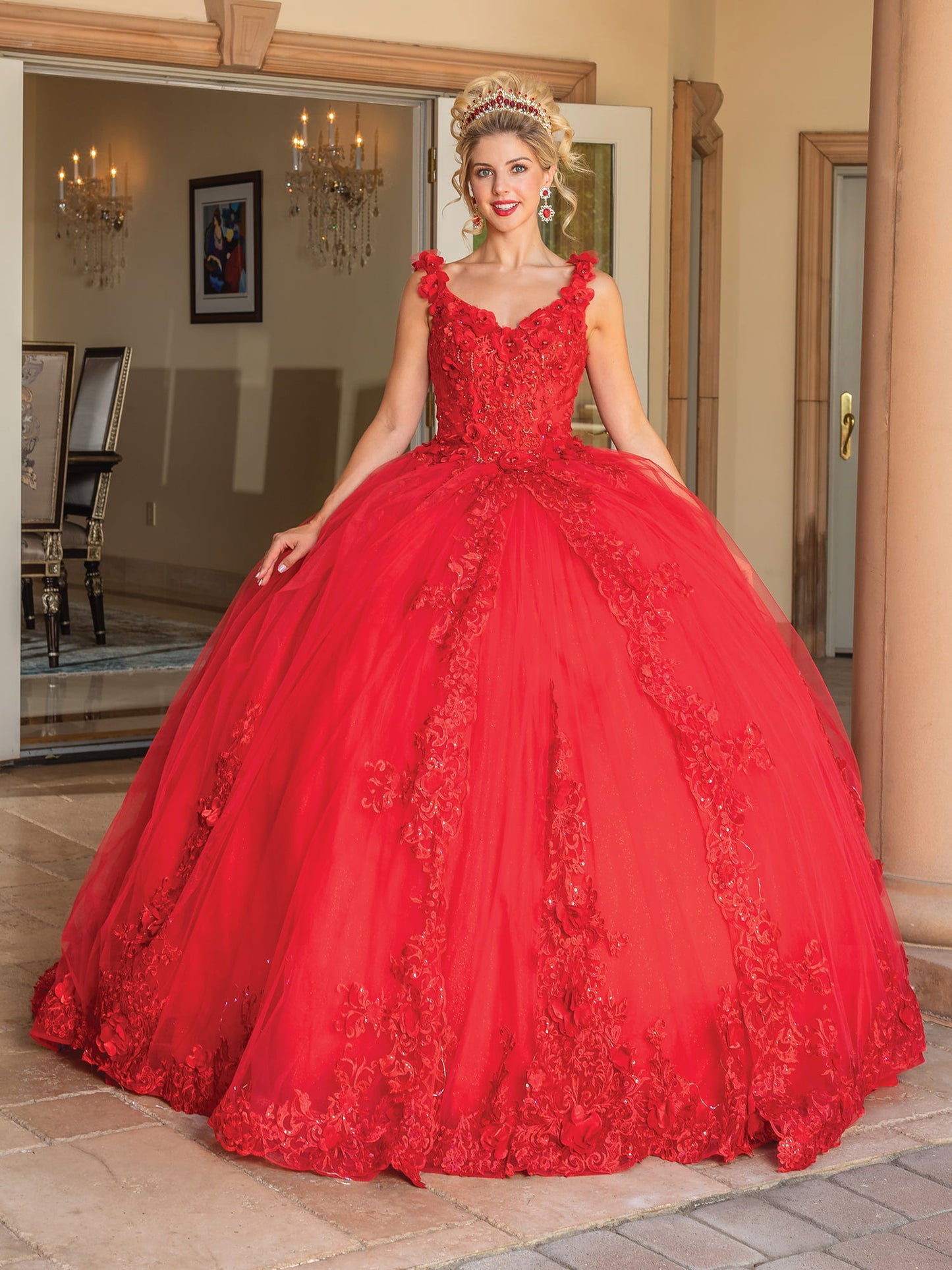 DQ25-1678 SLEEVELESS BEADED BODICE BALLGOWN WITH EMBROIDERED LACE APPLIQUES