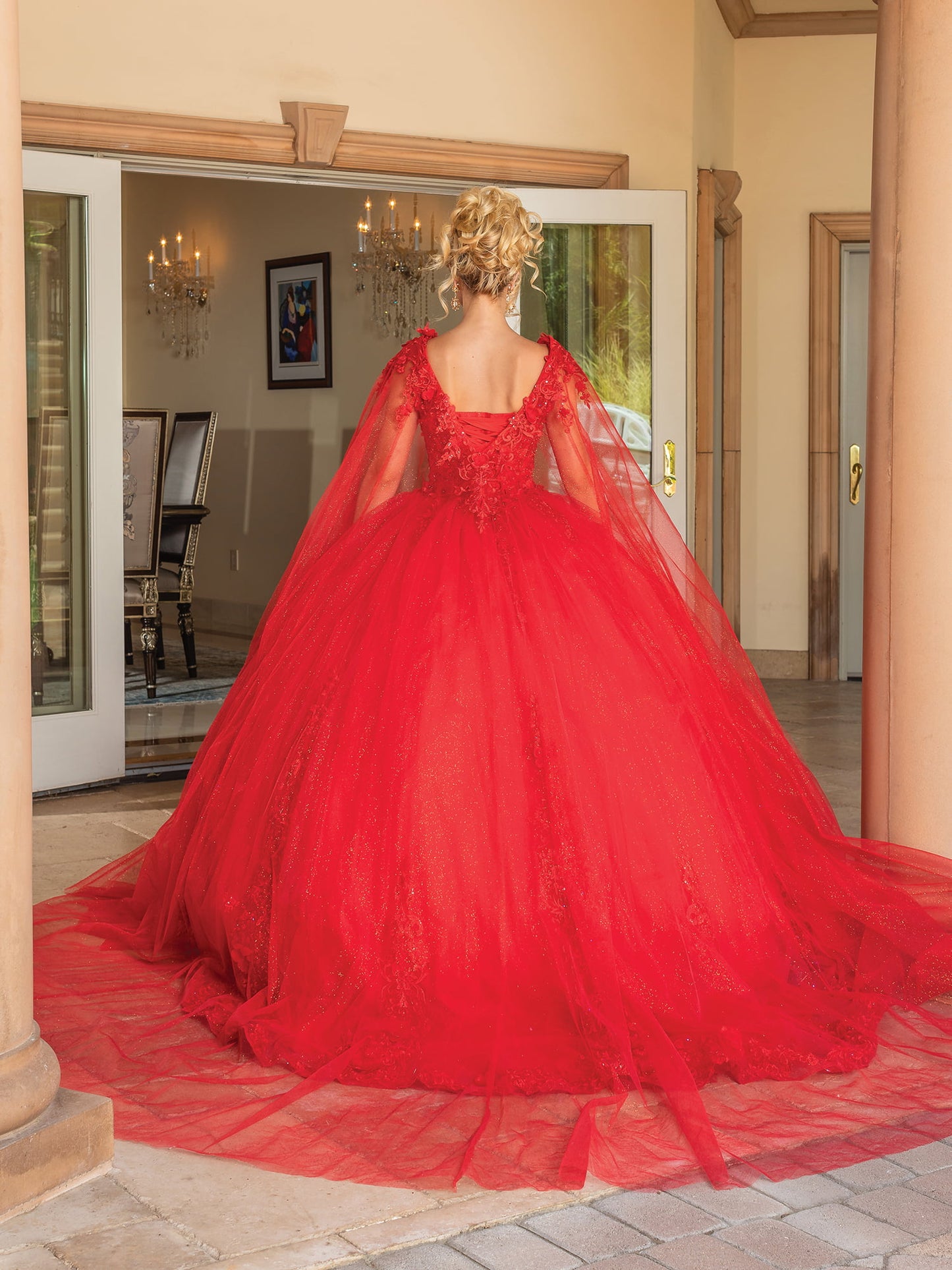 DQ25-1678 SLEEVELESS BEADED BODICE BALLGOWN WITH EMBROIDERED LACE APPLIQUES