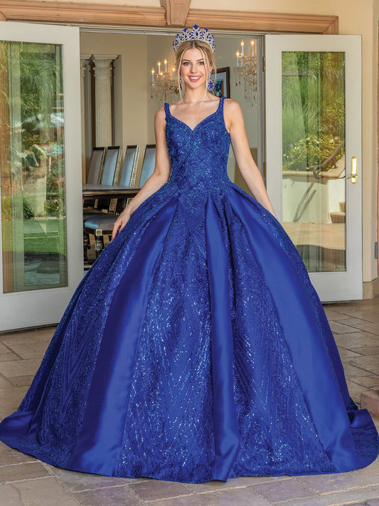 DQ25-1680 V-NECK BALL GOWN WITH GLITTER OVERLAY