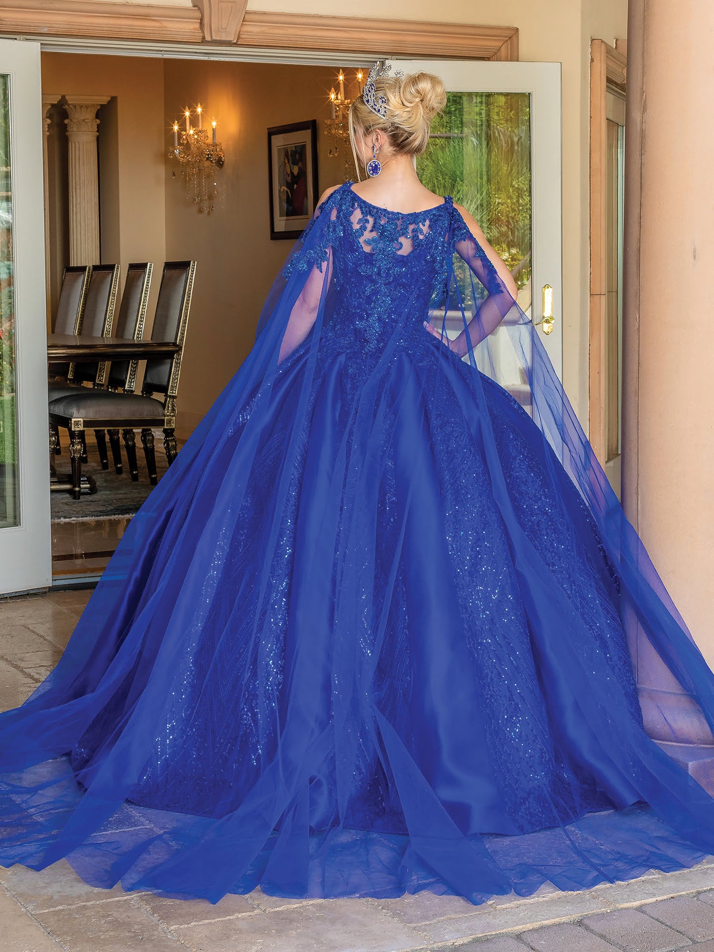 DQ25-1680 V-NECK BALL GOWN WITH GLITTER OVERLAY