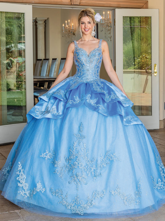DQ25-1682 V-NECK SATIN BALL GOWN WITH BEADED BODICE