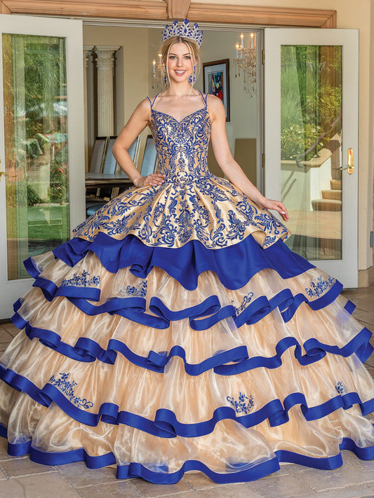 DQ25-1689 SLEEVELESS EMBROIDERED BODICE BALLGOWN WITH TIERED RIBBON-TRIMMED SKIRT