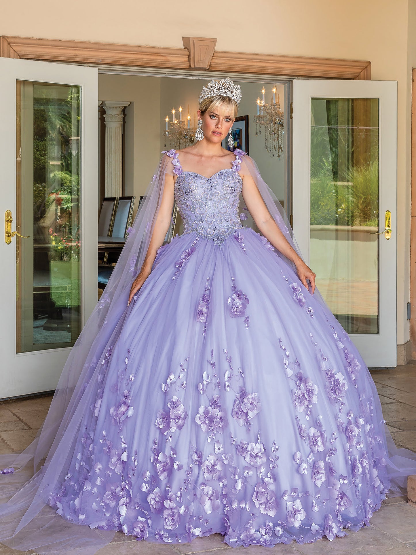 DQ25-1693 WITH CAPE FLORAL EMBROIDERED QUINCEANERA GOWN WITH JEWELED BODICE