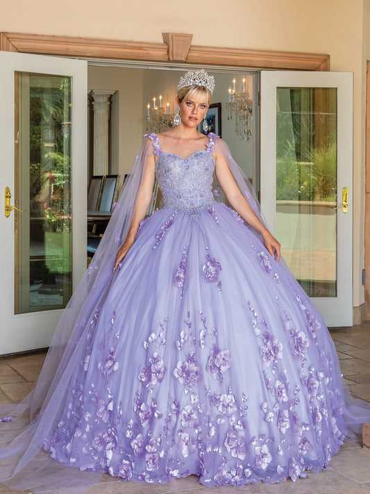 DQ25-1693 WITH CAPE FLORAL EMBROIDERED QUINCEANERA GOWN WITH JEWELED BODICE