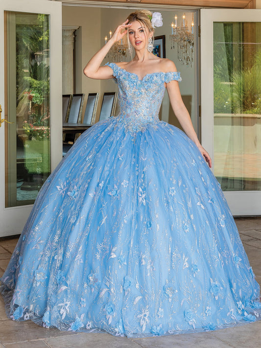 DQ25-1694 OFF-THE-SHOULDER BALLGOWN WITH EMBELLISHED BODICE AND GLITTER TULLE OVERLAY