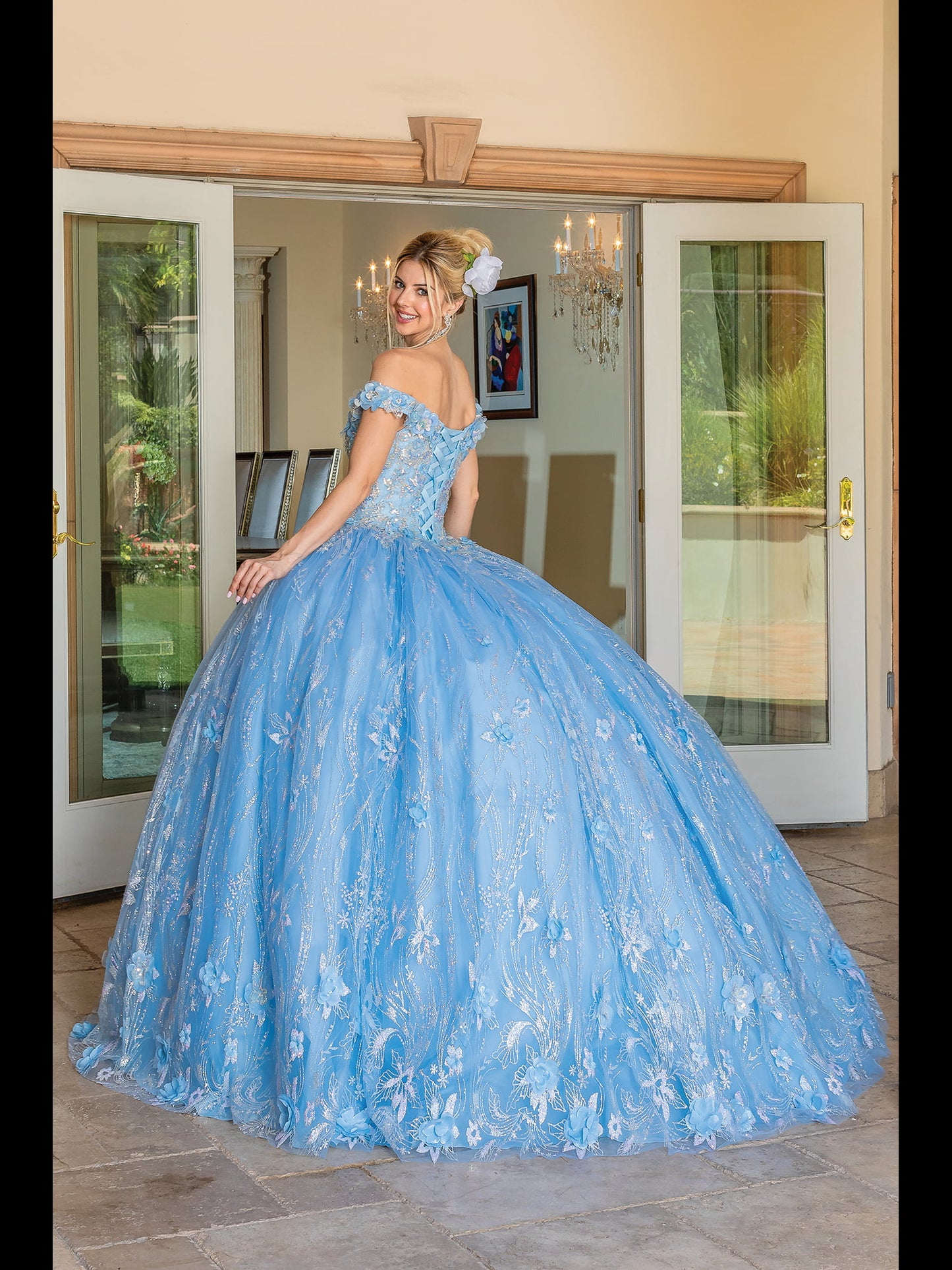 DQ25-1694 OFF-THE-SHOULDER BALLGOWN WITH EMBELLISHED BODICE AND GLITTER TULLE OVERLAY