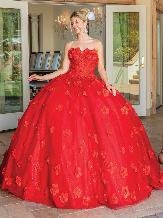 DQ25-1704 STRAPLESS FLORAL APPLIQUE BALLGOWN WITH GLITTER TULLE SKIRT
