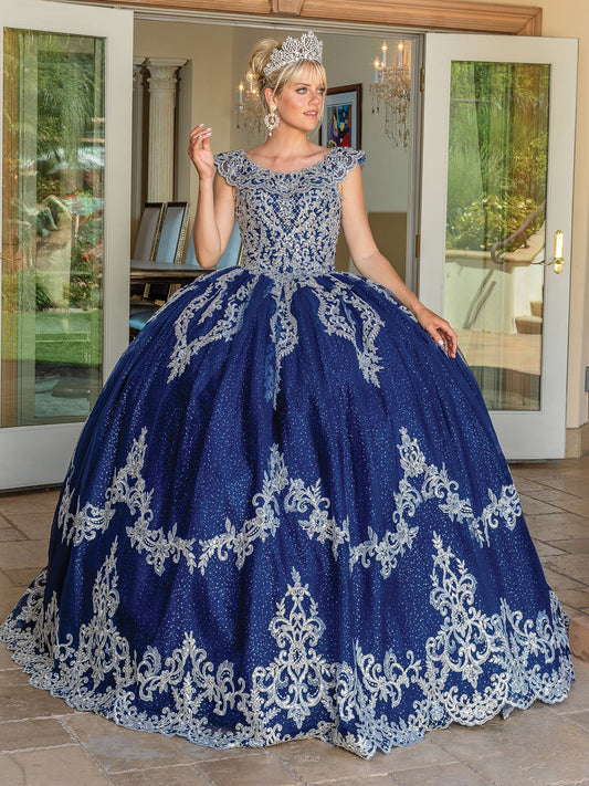 DQ25-1709 CAP-SLEEVED BEADED BALLGOWN WITH SCALLOPED NECKLINE AND EMBROIDERED SKIRT HEM