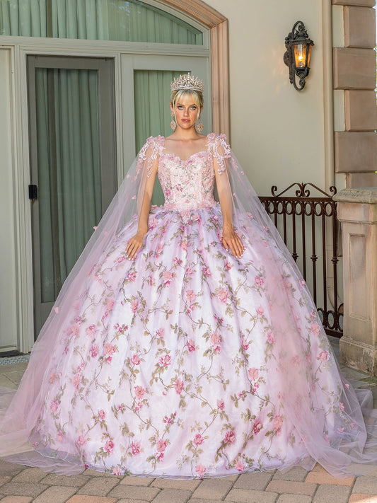 DQ25-1715 FLORAL EMBROIDERED A-LINE GOWN WITH BEADED BODICE, SHEER PUFF SLEEVES