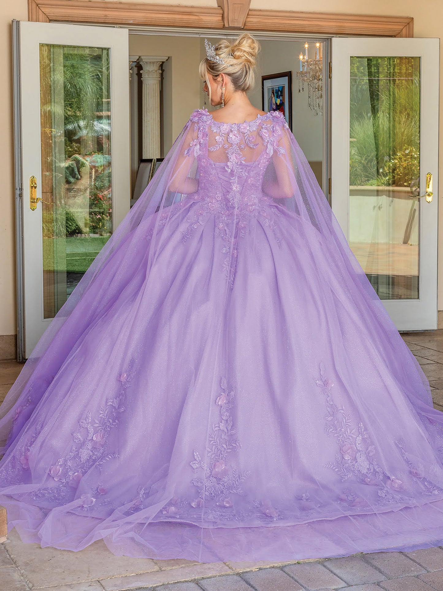 DQ25-1716 ELEGANT TULLE BALL GOWN WITH BEADED LACE APPLIQUES, SHEER SLEEVES