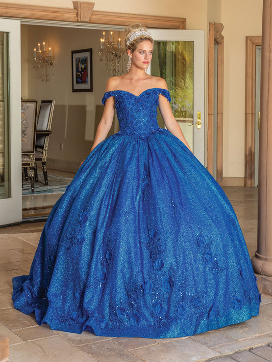 DQ25-1718 OFF-THE-SHOULDER SPARKLING BALLGOWN WITH FLORAL APPLIQUES