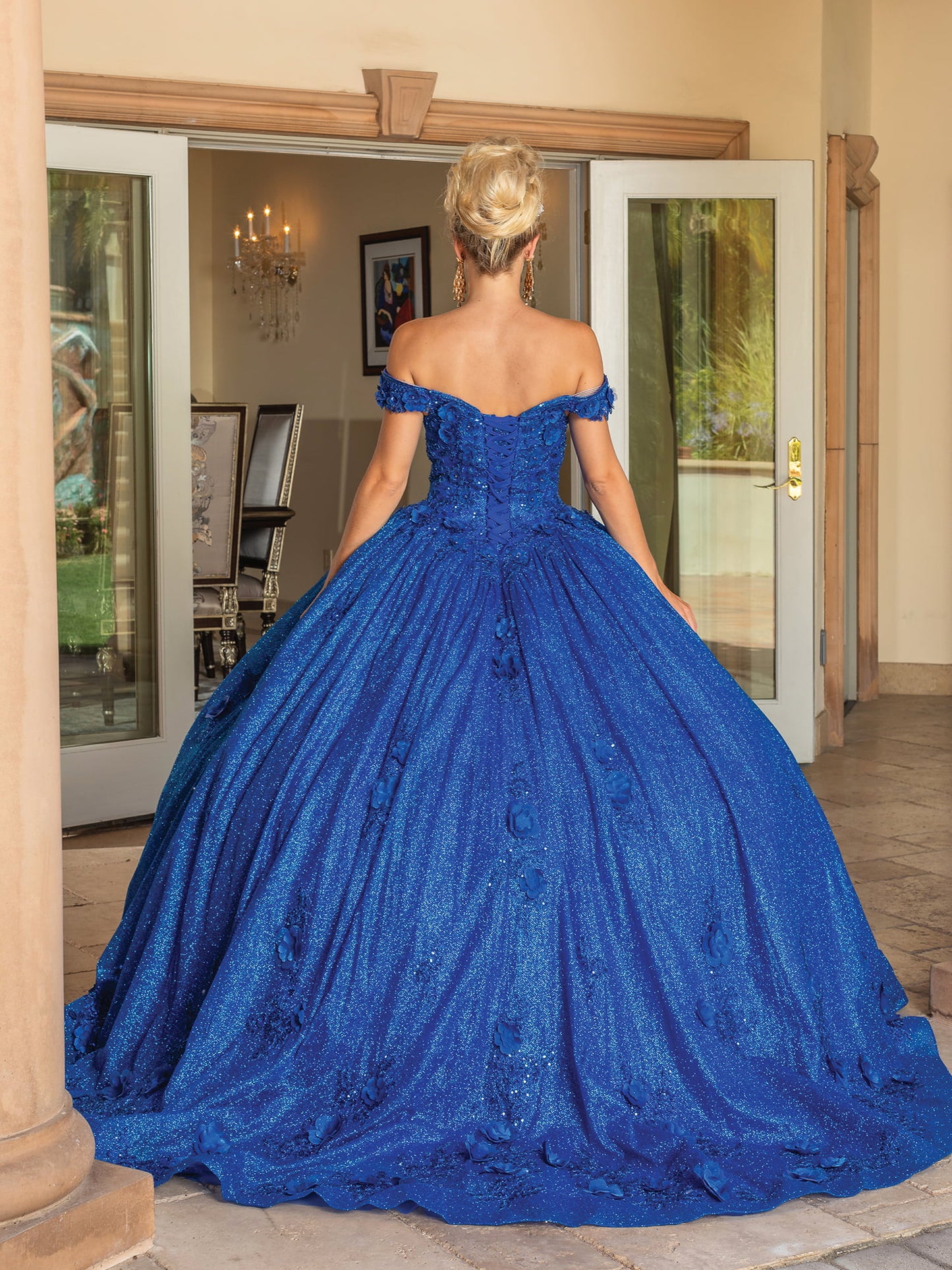 DQ25-1718 OFF-THE-SHOULDER SPARKLING BALLGOWN WITH FLORAL APPLIQUES