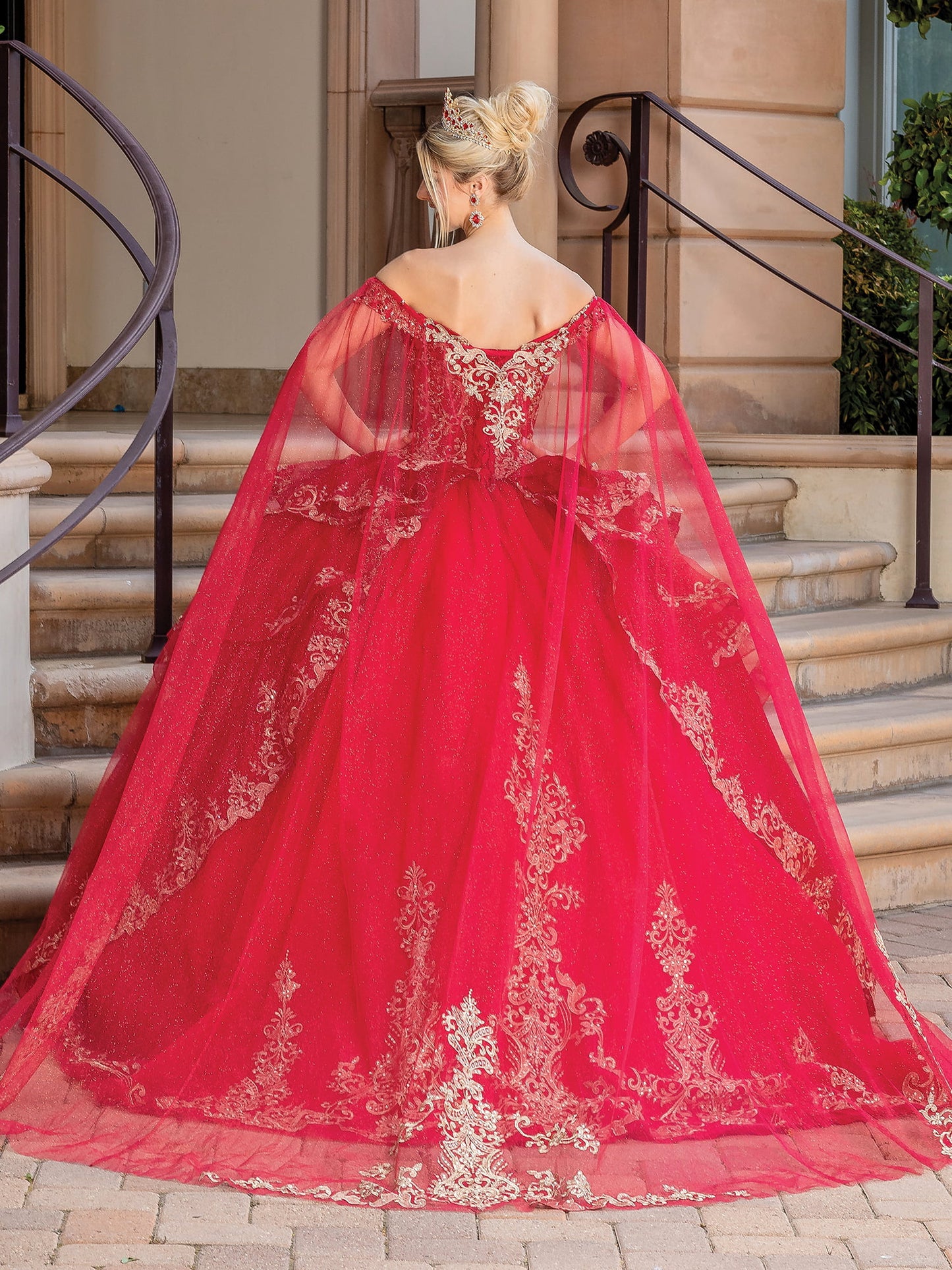 DQ25-1720 EMBROIDERED BALL GOWN WITH OFF-THE-SHOULDER ILLUSION NECKLINE