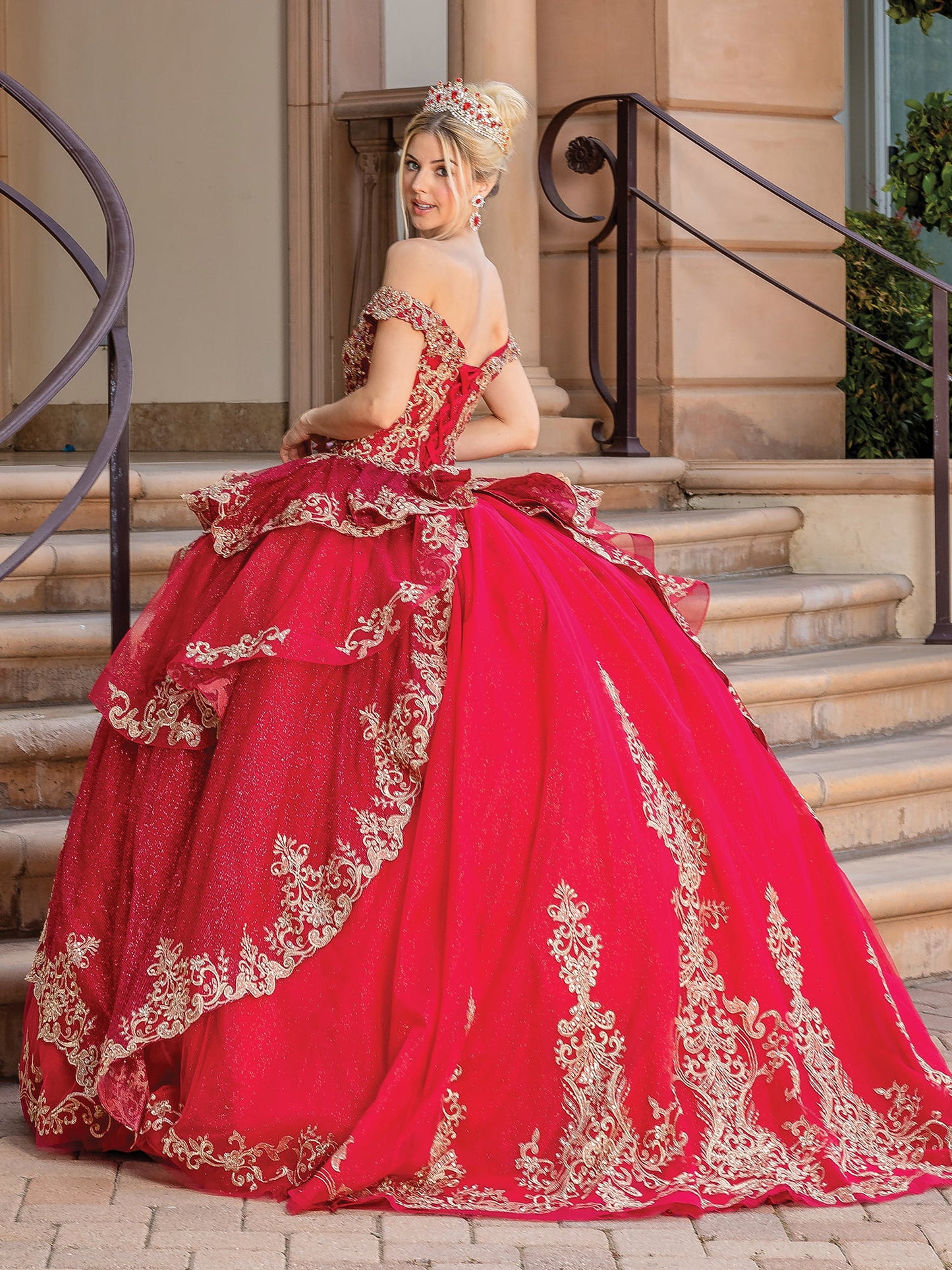 DQ25-1720 EMBROIDERED BALL GOWN WITH OFF-THE-SHOULDER ILLUSION NECKLINE