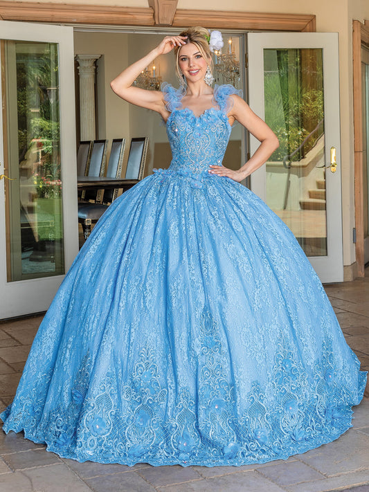 DQ25-1721 SLEEVELESS FLORAL LACE GOWN WITH RUFFLED SHOULDER DETAIL