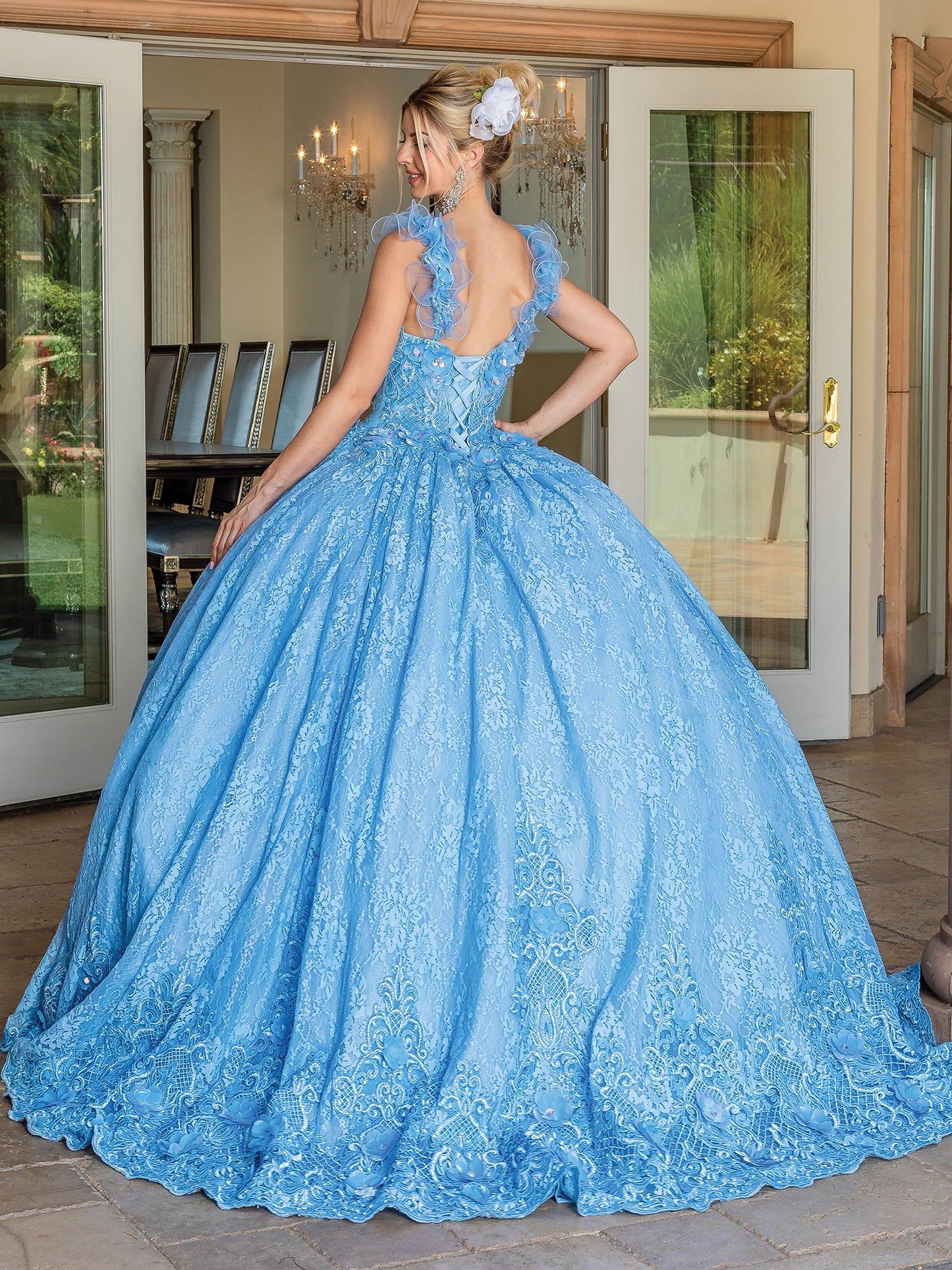 DQ25-1721 SLEEVELESS FLORAL LACE GOWN WITH RUFFLED SHOULDER DETAIL