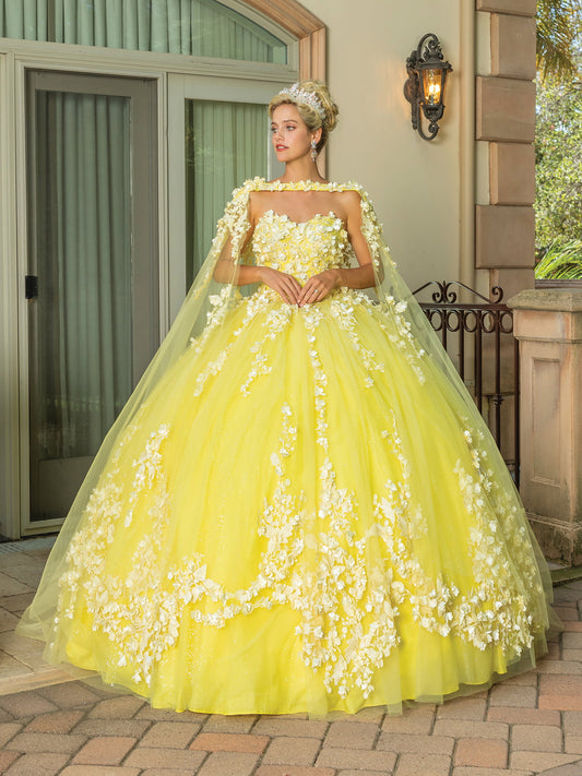 DQ25-1725 STRAPLESS GOWN WITH FLORAL APPLIQUES AND LAYERED TULLE SKIRT