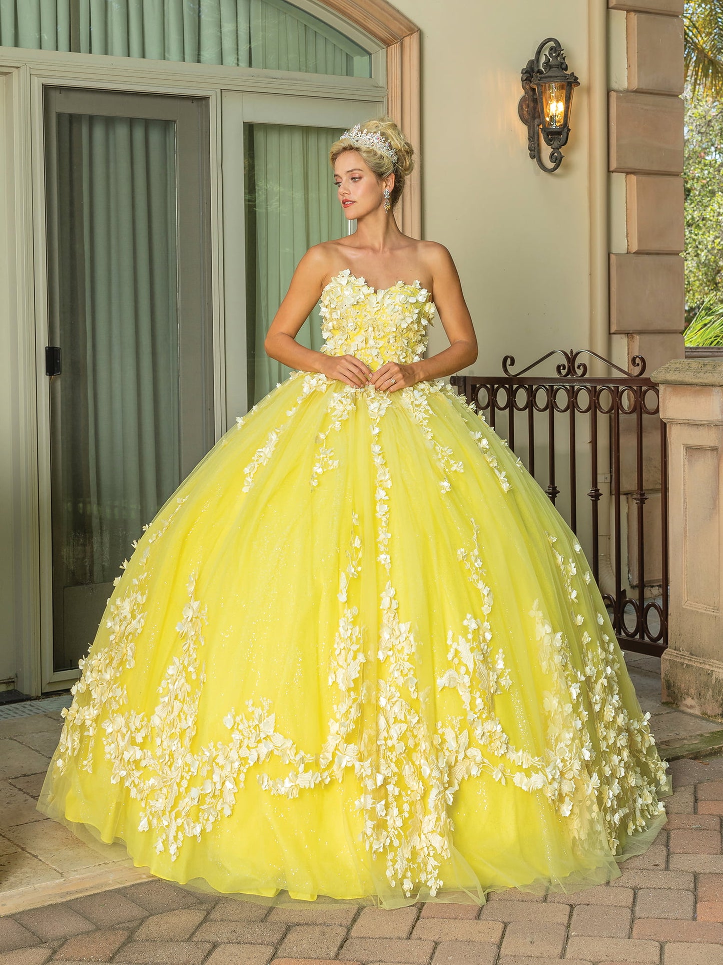 DQ25-1725 STRAPLESS GOWN WITH FLORAL APPLIQUES AND LAYERED TULLE SKIRT