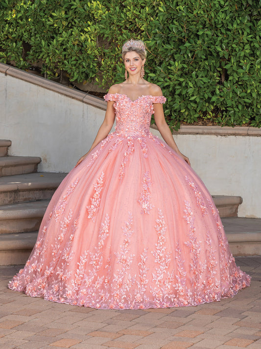 DQ25-1727 OFF-SHOULDER FLORAL APPLIQUE BALL GOWN WITH BEADED BODICE