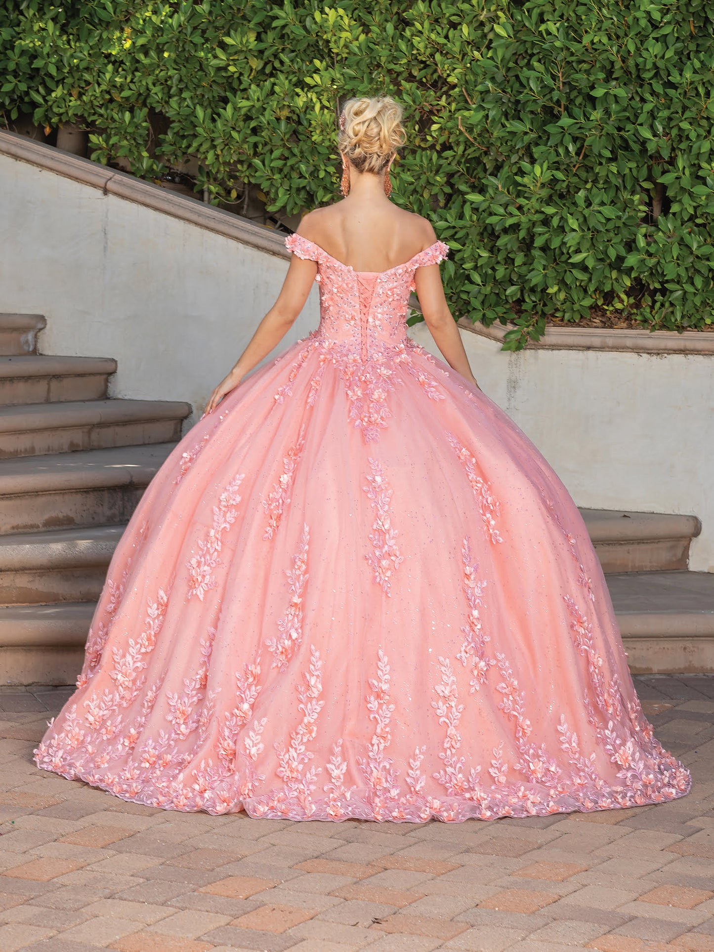 DQ25-1727 OFF-SHOULDER FLORAL APPLIQUE BALL GOWN WITH BEADED BODICE