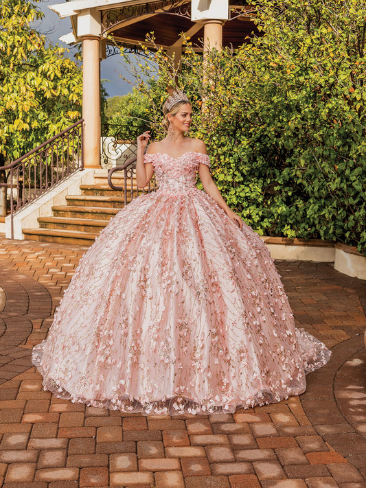 DQ25-1734 OFF-SHOULDER FLORAL APPLIQUE BALLGOWN WITH GLITTER TULLE OVERLAY