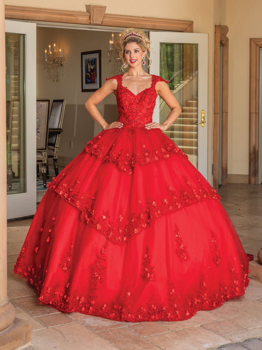 DQ25-1735 CAP-SLEEVE LACE APPLIQUE BALL GOWN