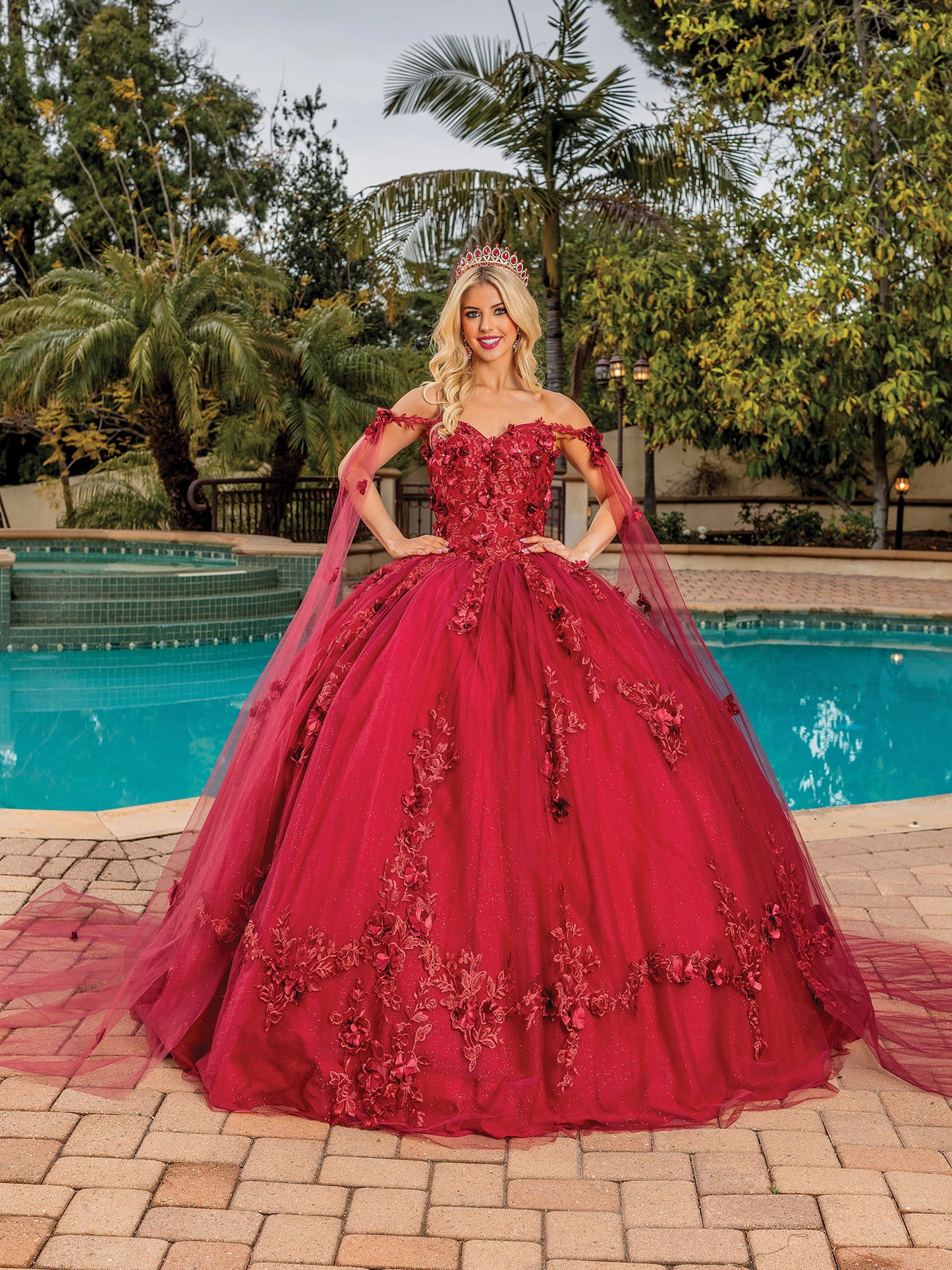 DQ25-1738 CAP-SLEEVED FLORAL APPLIQUE BALLGOWN WITH DETACHABLE SHEER OVERLAY