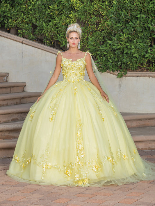 DQ25-1738 CAP-SLEEVED FLORAL APPLIQUE BALLGOWN WITH DETACHABLE SHEER OVERLAY