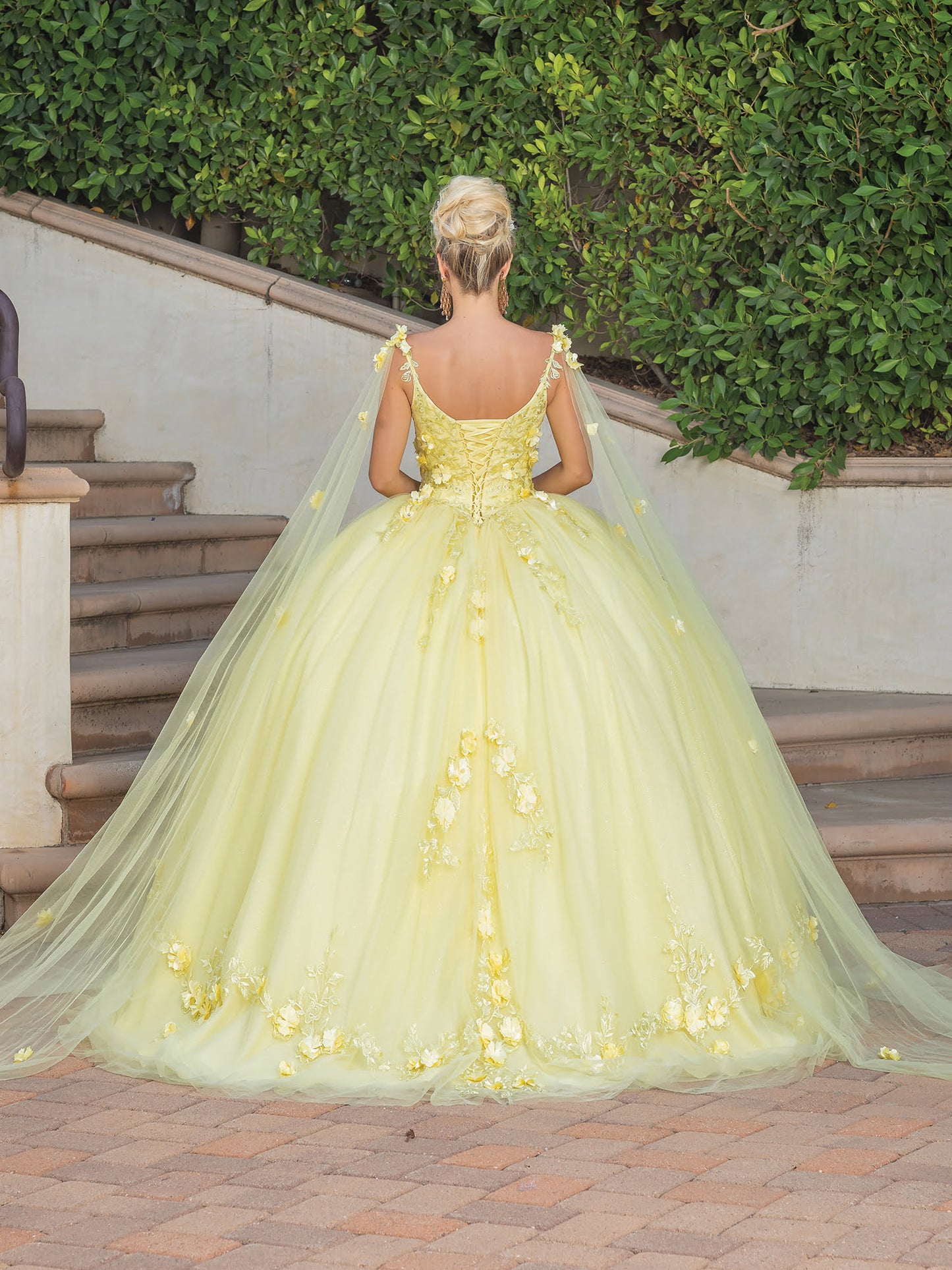 DQ25-1738 CAP-SLEEVED FLORAL APPLIQUE BALLGOWN WITH DETACHABLE SHEER OVERLAY
