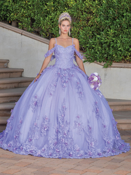 DQ25-1747 ELEGANT OFF-THE-SHOULDER QUINCEANERA GOWN WITH EMBROIDERED FLORAL APPLIQUES
