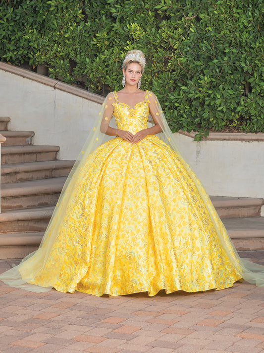 DQ25-1750 EMBELLISHED BODICE BALLGOWN WITH SHEER OVERLAY AND FLORAL APPLIQUES