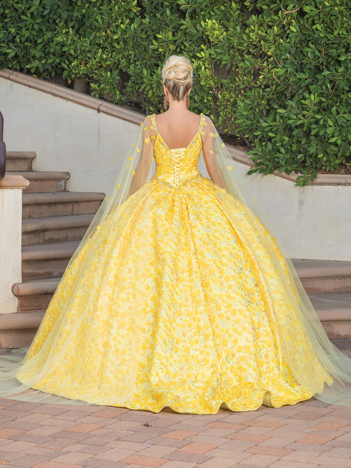 DQ25-1750 EMBELLISHED BODICE BALLGOWN WITH SHEER OVERLAY AND FLORAL APPLIQUES