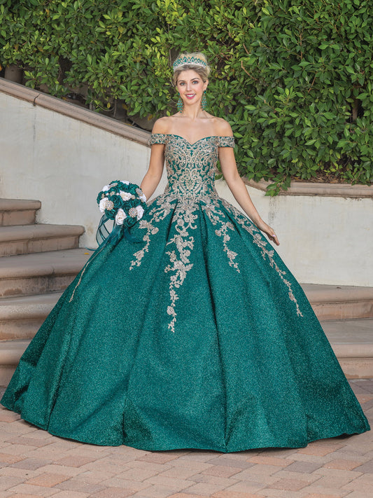 DQ25-1753 OFF-THE-SHOULDER GLITTER BALL GOWN WITH EMBELLISHED LACE APPLIQUES