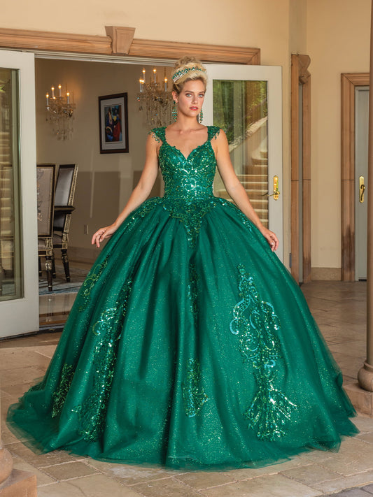 DQ25-1758 KEYHOLE BACK BALLGOWN WITH BEADED LACE BODICE