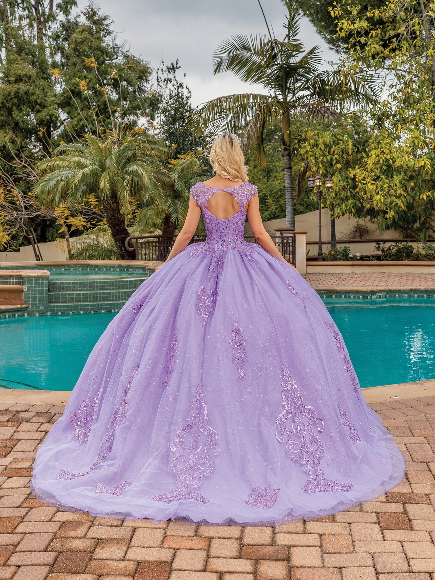 DQ25-1758 KEYHOLE BACK BALLGOWN WITH BEADED LACE BODICE