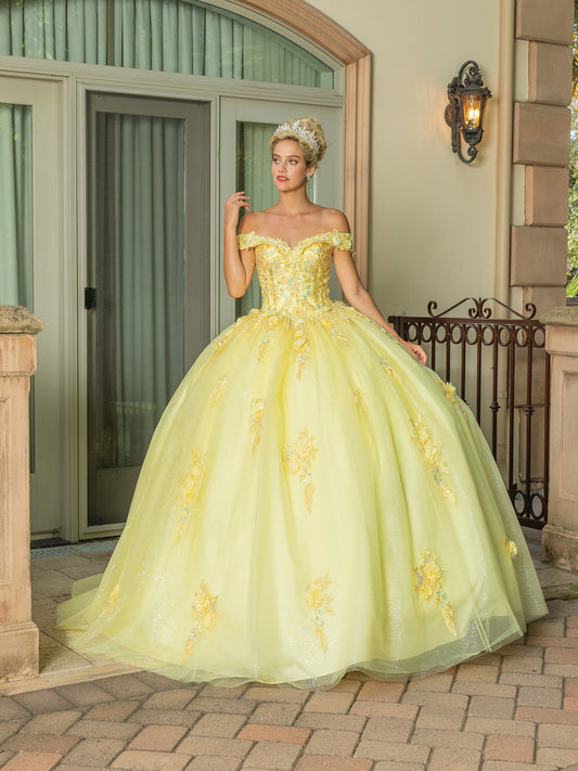 DQ25-1760 OFF-THE-SHOULDER BALL GOWN WITH FLORAL APPLIQUES