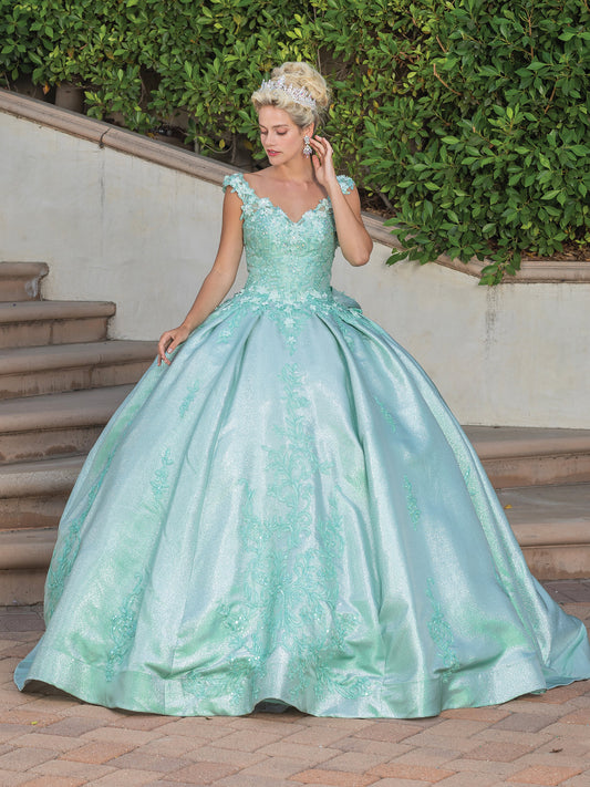 DQ25-1762 SOPHISTICATED V-BACK GOWN WITH LACE EMBELLISHMENT AND OVERSIZED BOW DETAIL