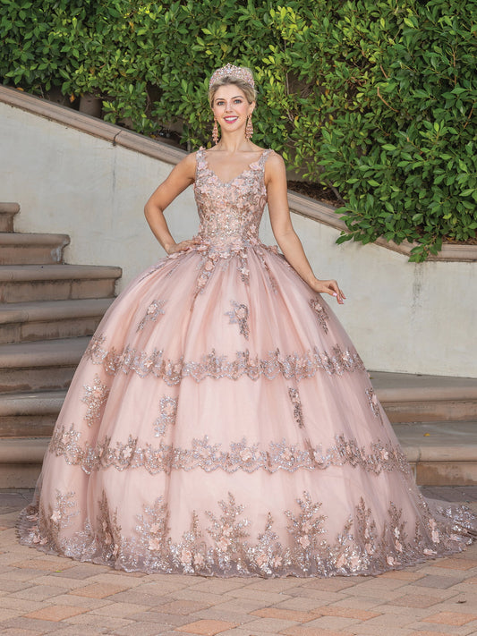 DQ25-1763 ELEGANT CORSET-TOP GOWN WITH FLORAL APPLIQUE AND LAYERED TULLE SKIRT