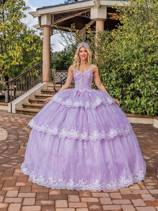 DQ25-1770 ELEGANT GOWN WITH CAP SLEEVES FLORAL ACCENTS, AND SEQUINED TIERS