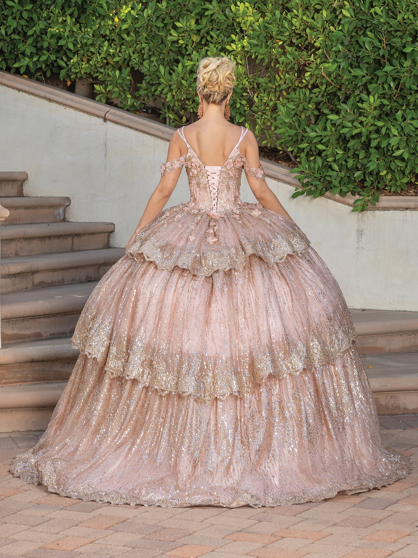 DQ25-1770 ELEGANT GOWN WITH CAP SLEEVES FLORAL ACCENTS, AND SEQUINED TIERS